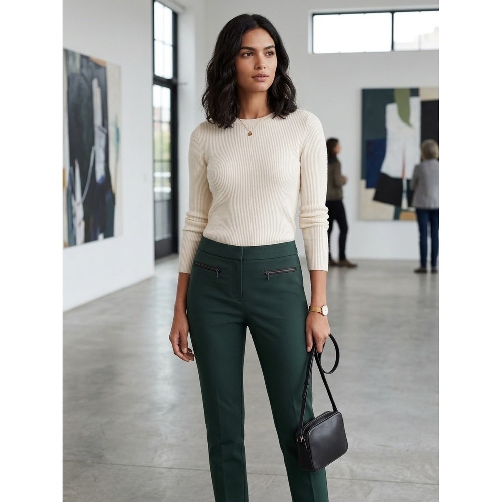 Club Monaco Women Forest Green Slim Trousers Faux Leather Trim Pants Size 2